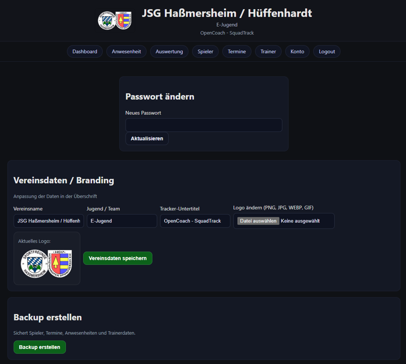 Kontobereich mit Branding, Passwort und Backup