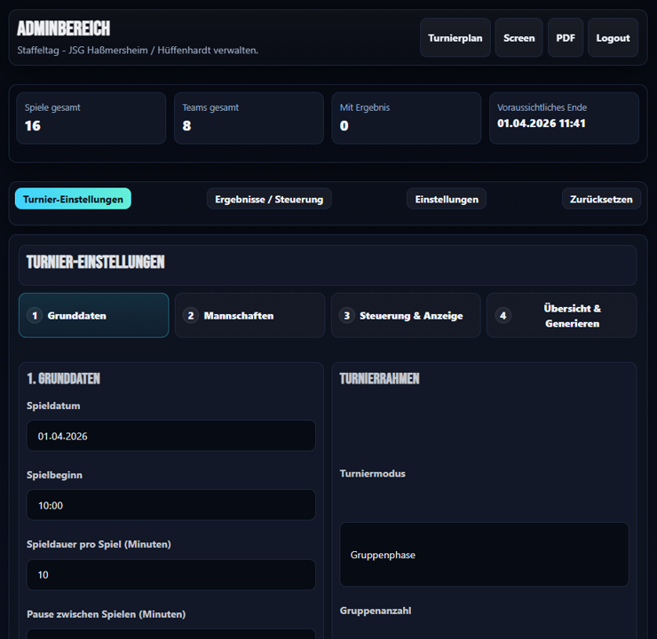 Adminbereich zum Erstellen des Turniers