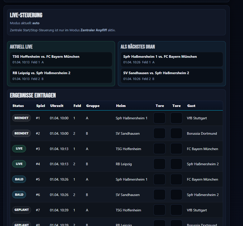 Ergebnisbereich und Live-Steuerung im Admin