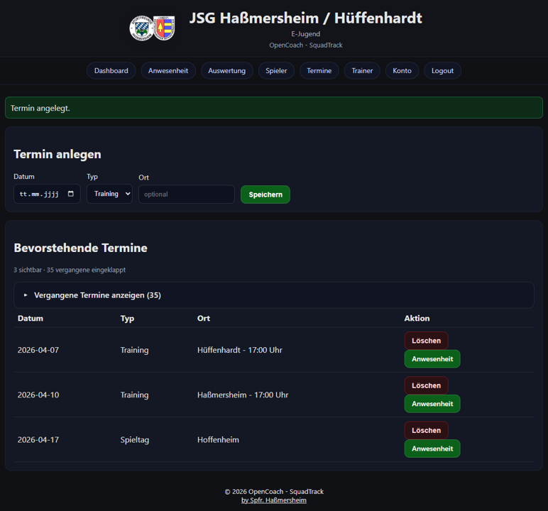 Terminverwaltung für Training und Spieltage