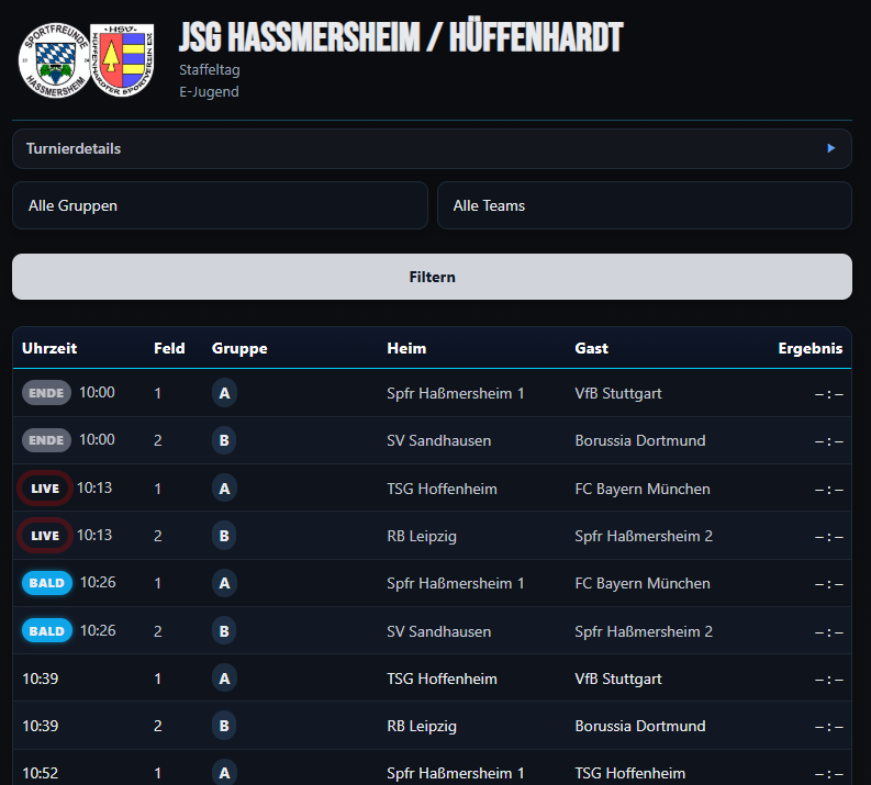 Live-Übersicht mit Filter, Status und Spielplan