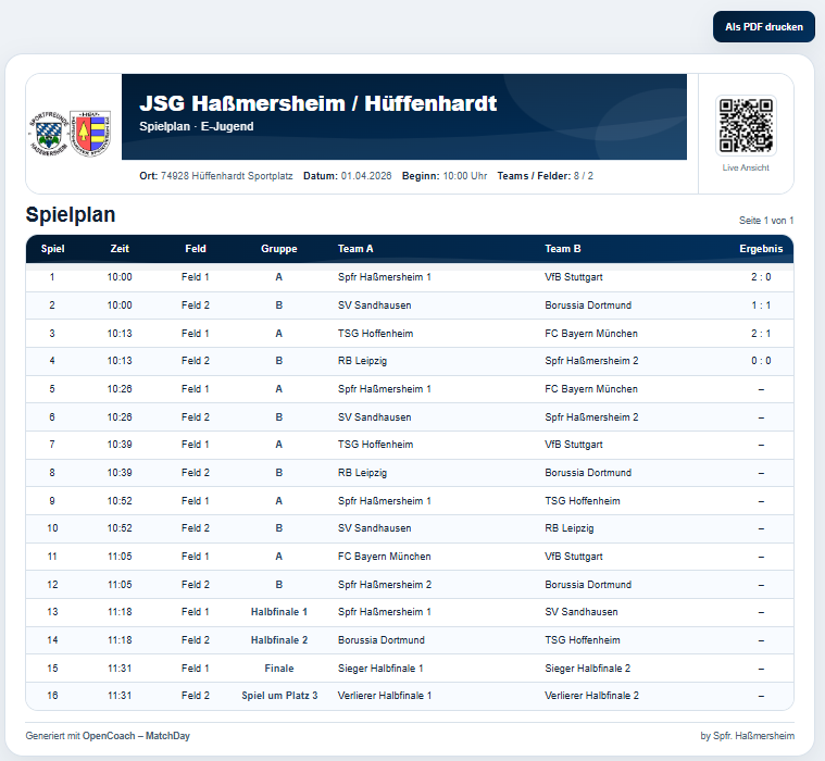 PDF-Spielplan mit QR-Code und Übersicht